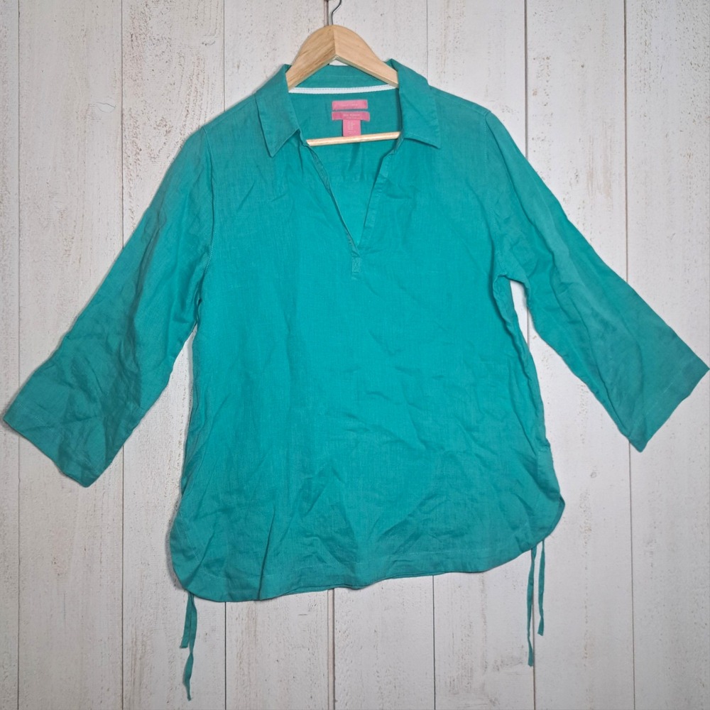 Isaac Mizrahi Coastal Chic Aegean Teal Linen Woven Collared Tie Tunic Blouse M